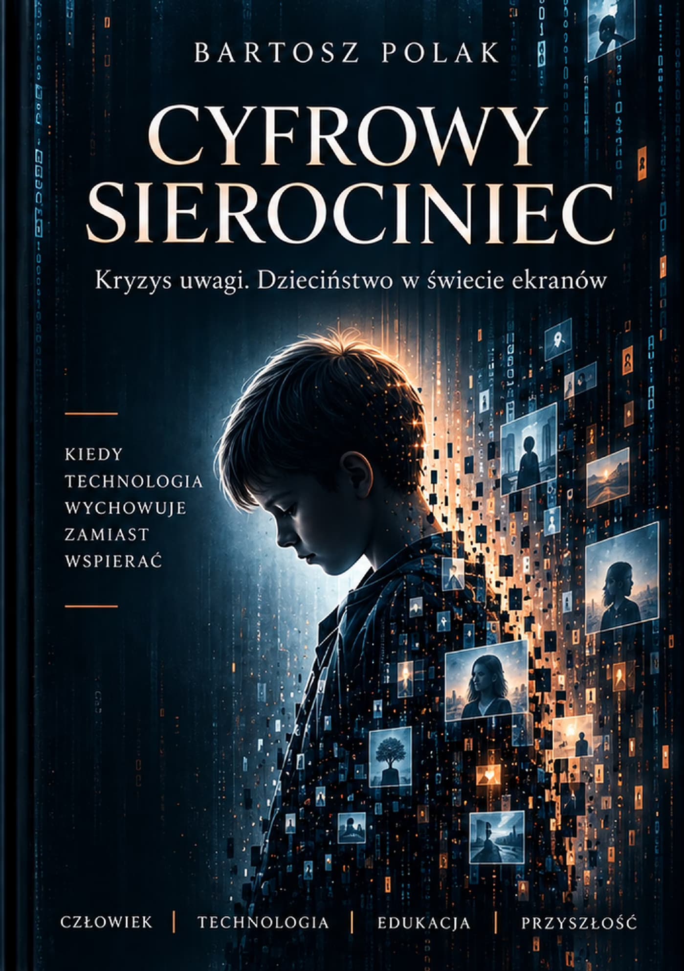 Okładka „Cyfrowego sierocińca” Bartosza Polaka — profil chłopca na tle cyfrowego miasta i ekranów